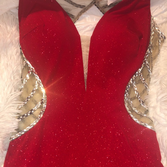 Red Jeweled Open Legged Long Prom Dress - Picture 5 of 8